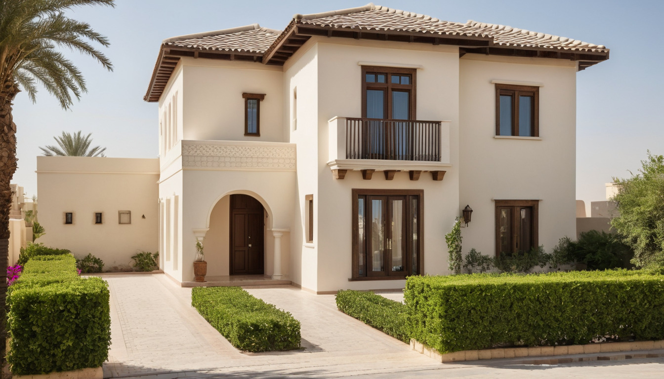 Family villa with wind-tower detailing on a landscaped plot in a Dubai community