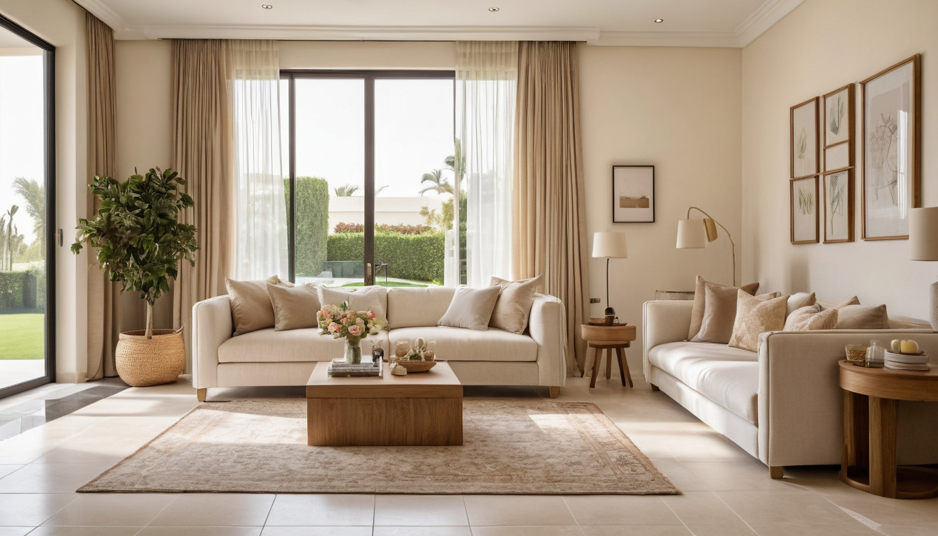 Family villa living room with durable porcelain floor and washable walls