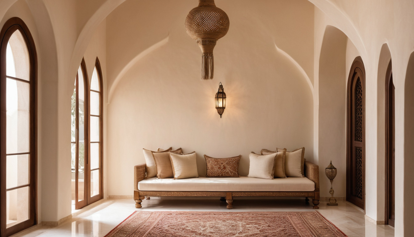Ground-floor majlis seating room with low seating and arched niche