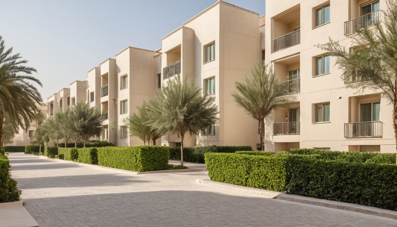 Low-rise apartment blocks arranged around a planted courtyard in a Dubai community