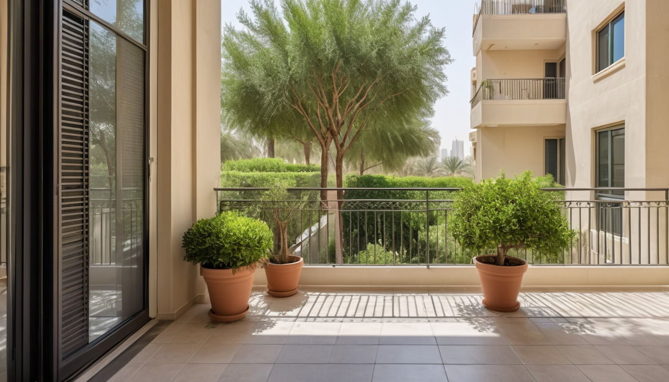 Apartment balcony with insect screen overlooking a planted courtyard