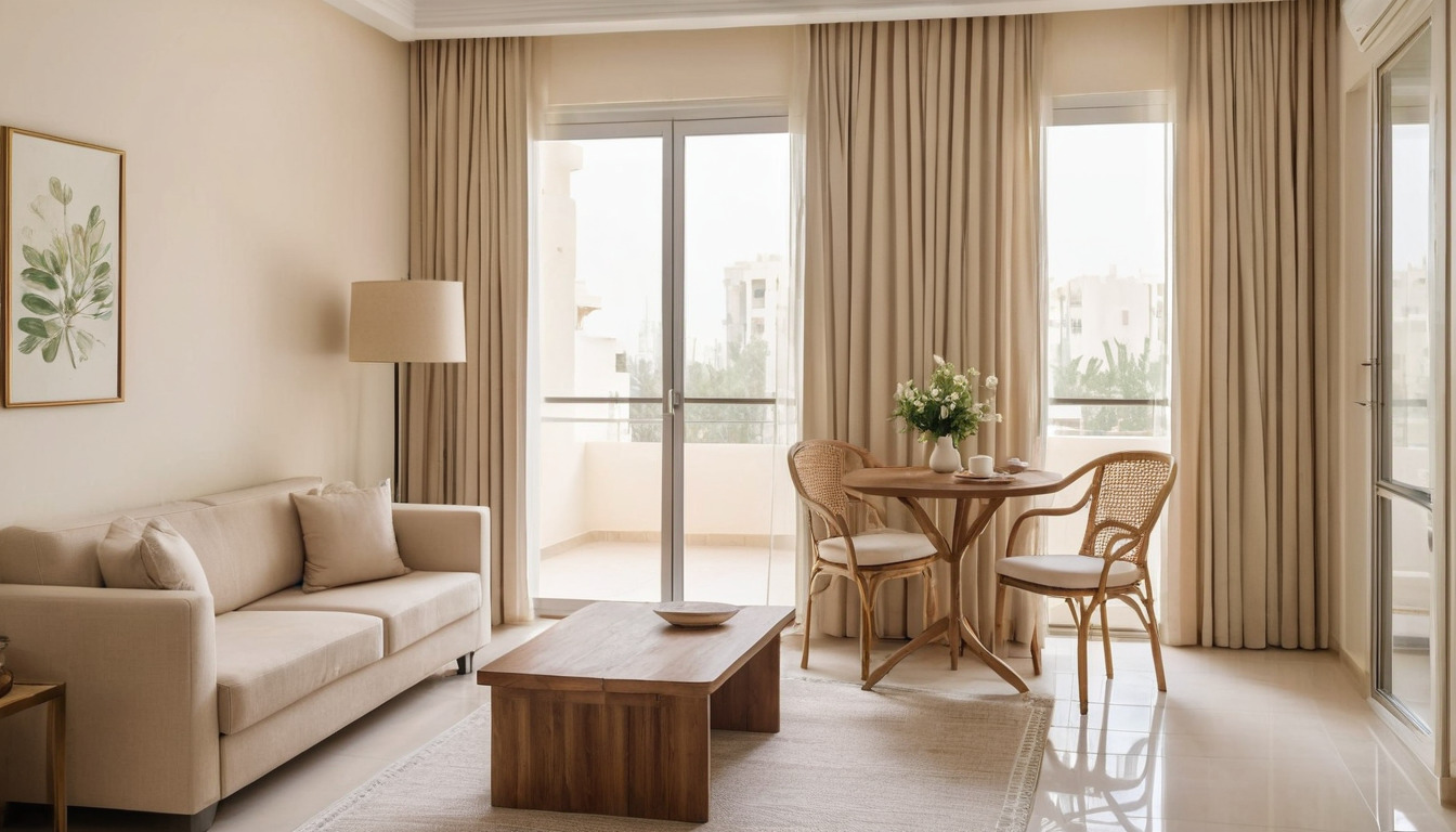 Low-rise apartment living room with courtyard-facing window