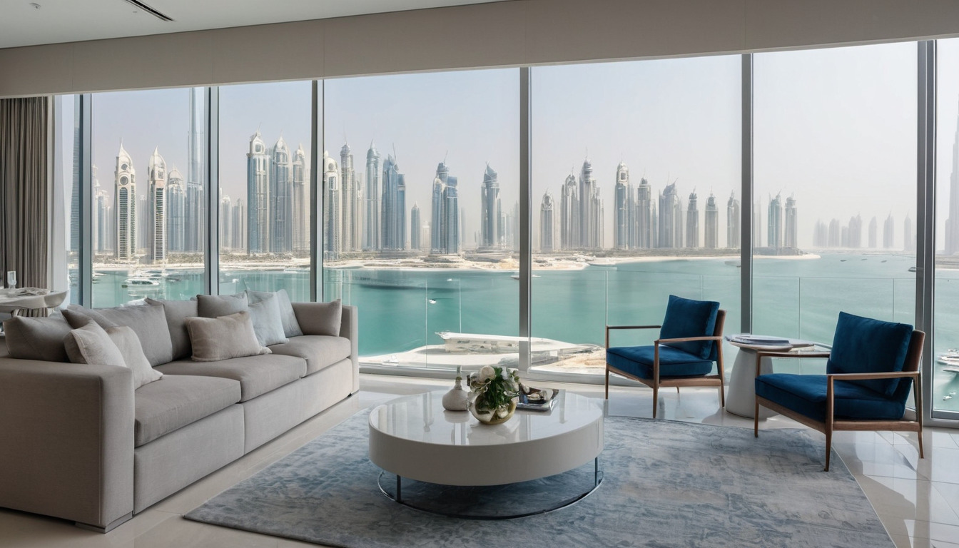 High-rise apartment interior with a full-height window overlooking a dense marina of towers