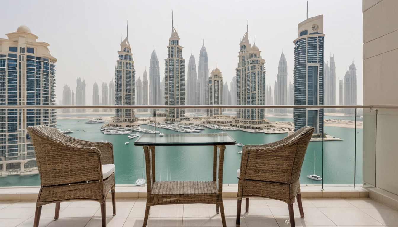 High-rise apartment balcony with glass balustrade over a marina