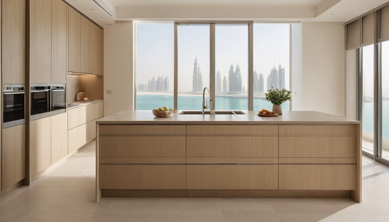 Apartment kitchen with island and full-height glazing to a marina view