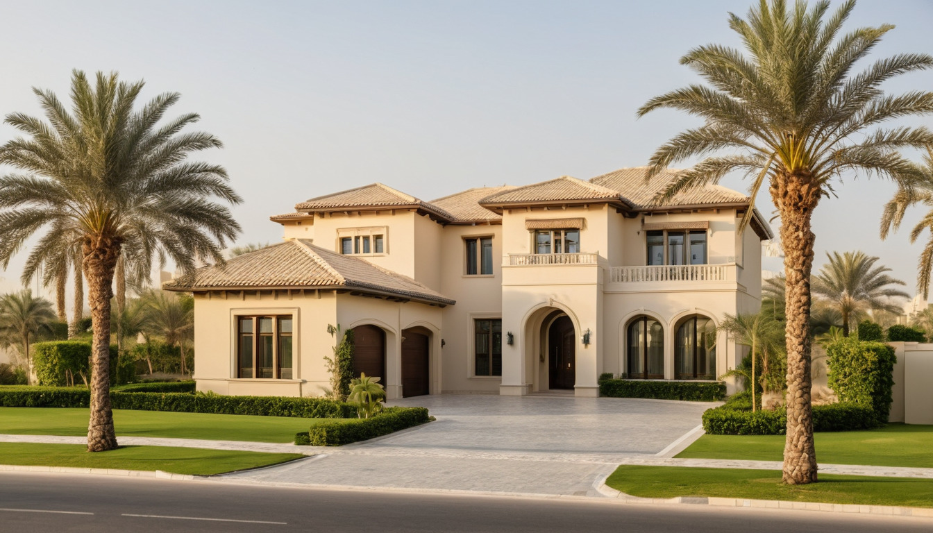 Large custom villa with a gated driveway and mature landscaping on a golf-course community plot