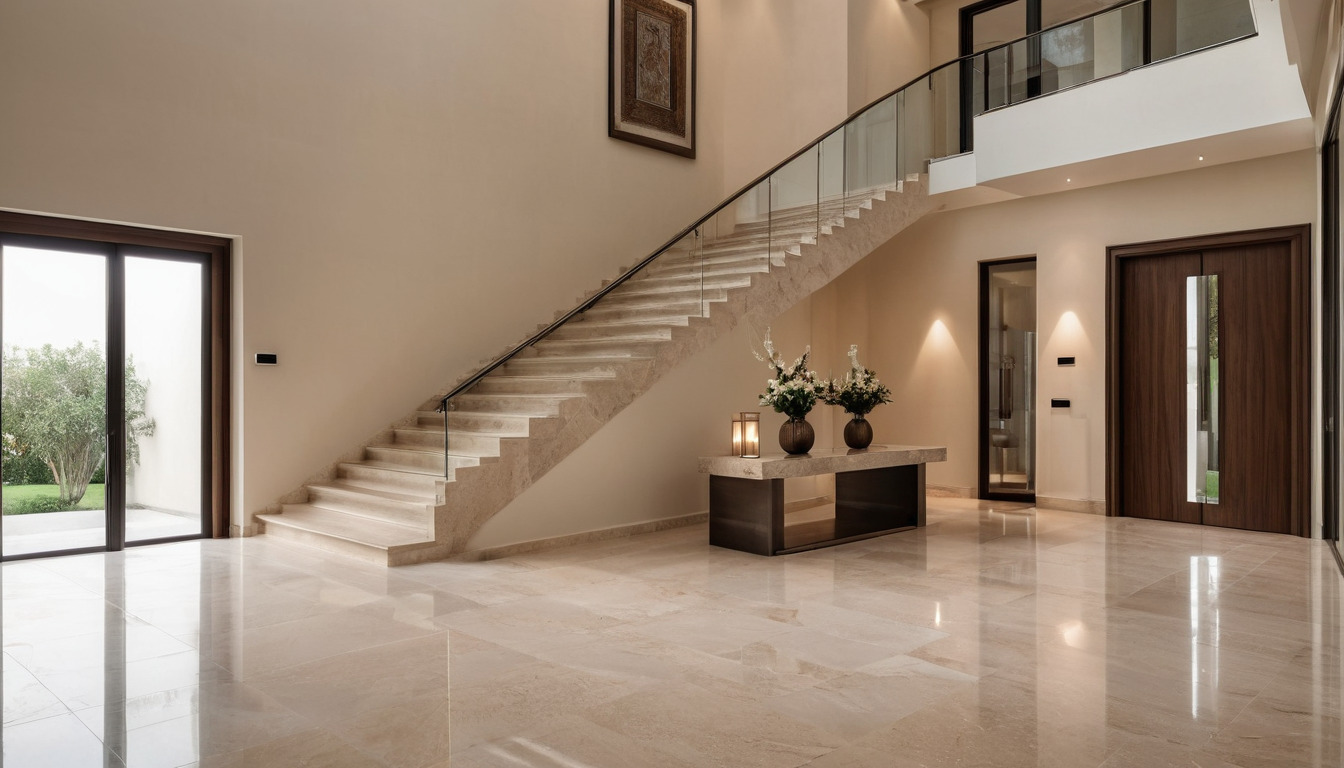 Double-height villa entrance hall in limestone with a steel and glass stair