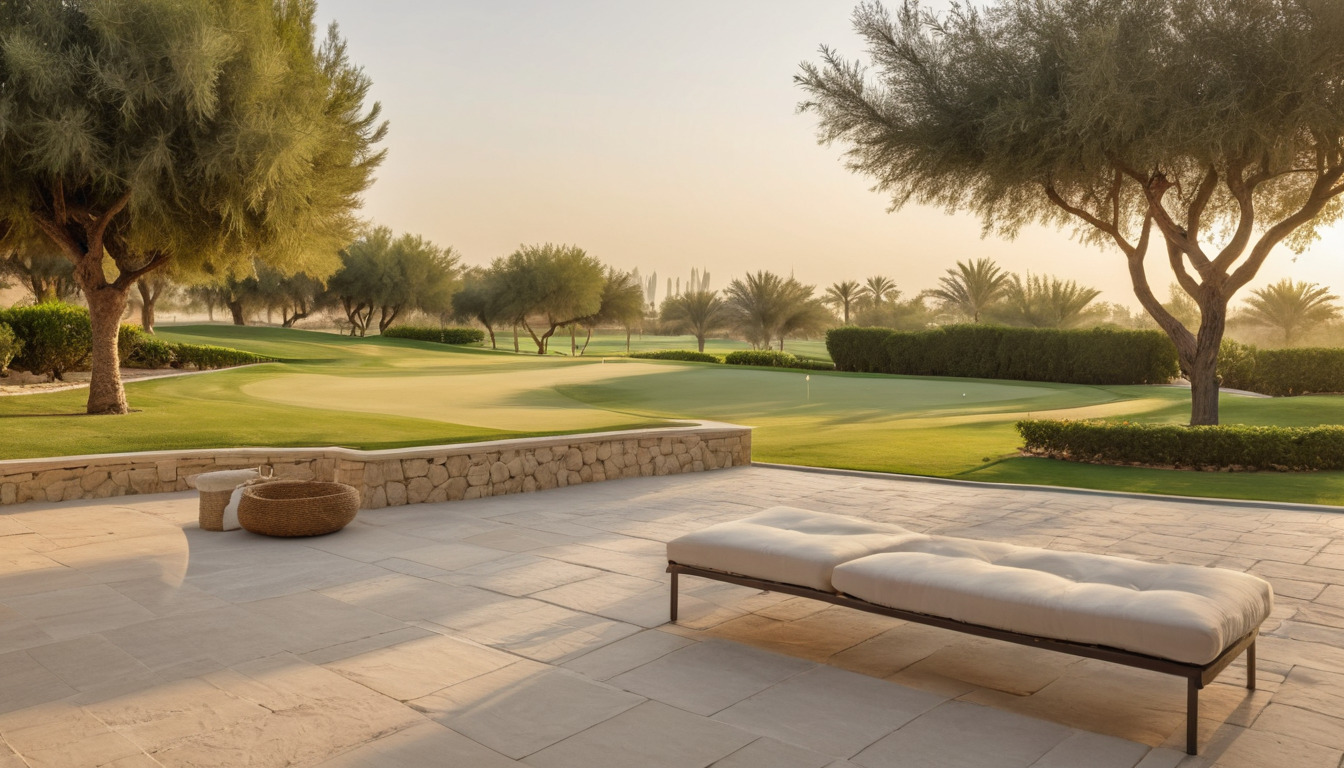 Villa terrace overlooking a golf fairway at golden hour