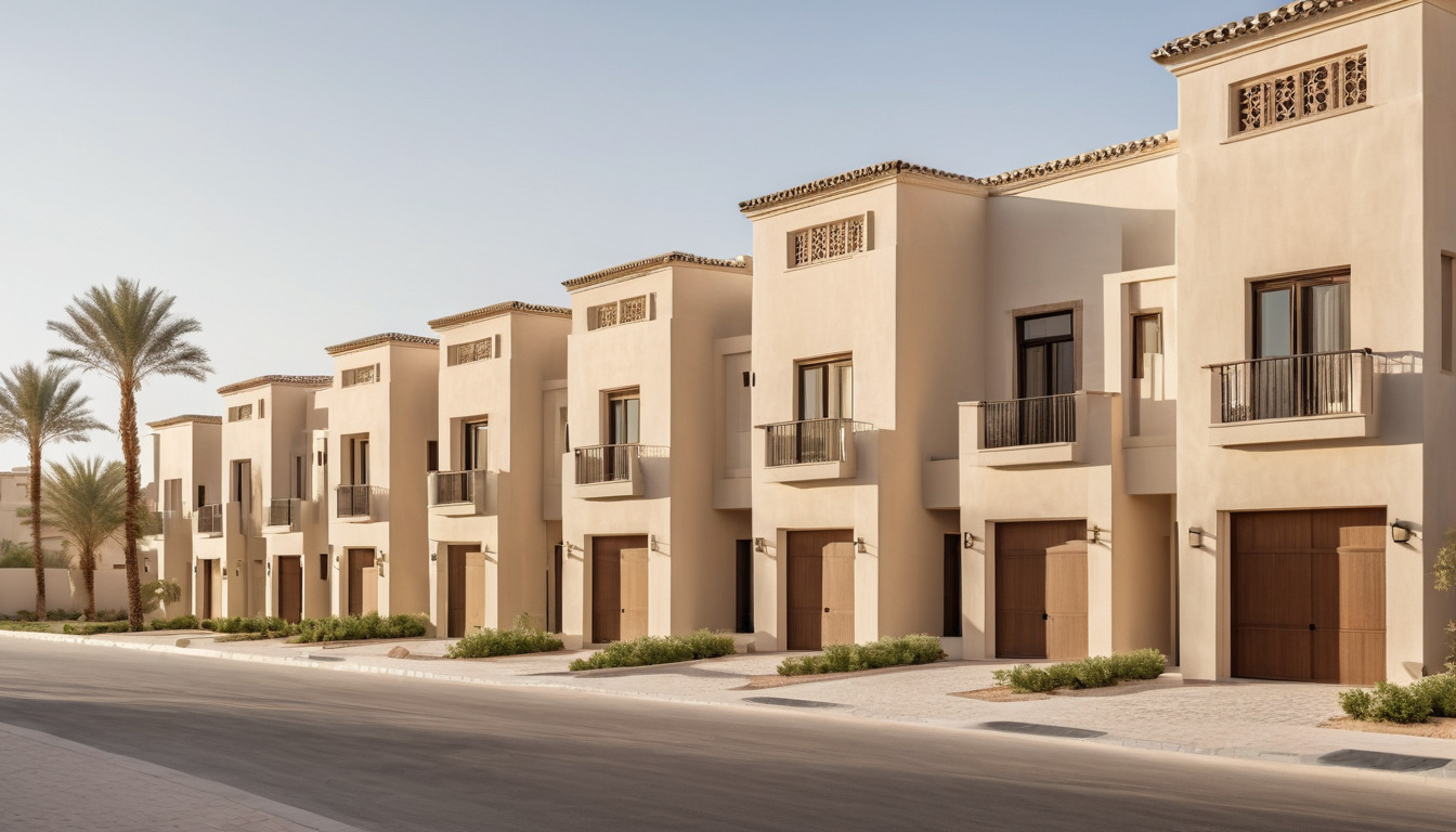 Newly finished terraced townhouse street in a Dubai community with pale rendered facades