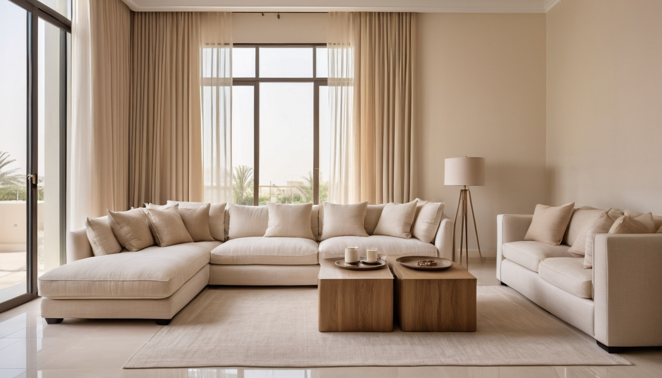 Bright townhouse living room with pale render walls and a linen sofa
