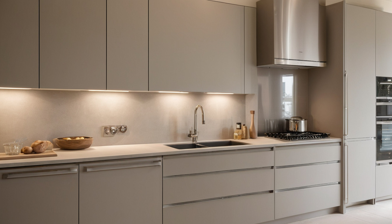 Compact townhouse kitchen with matte slab doors and a stone worktop