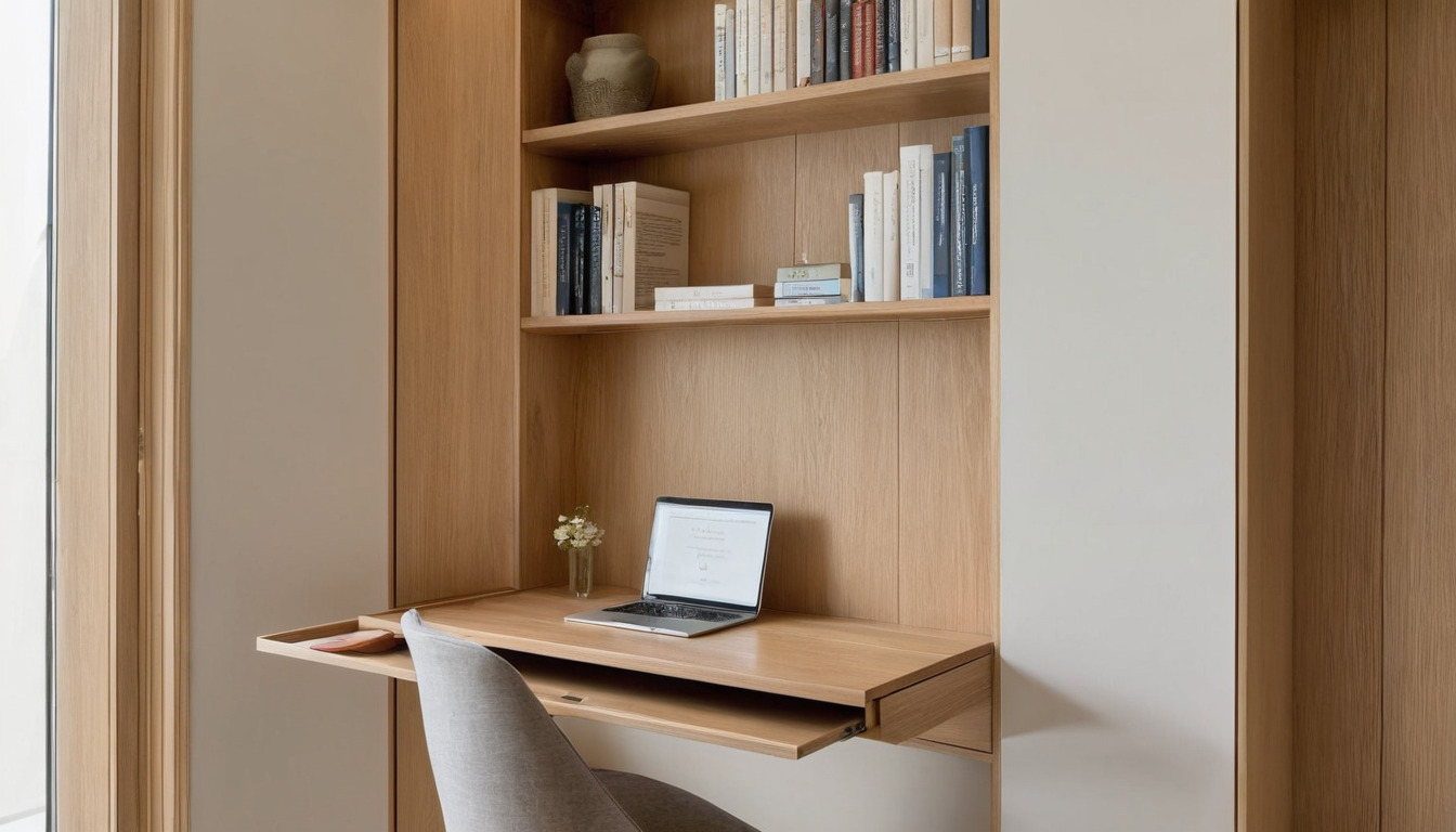 Detail of full-height oak joinery with integrated desk in a tower apartment