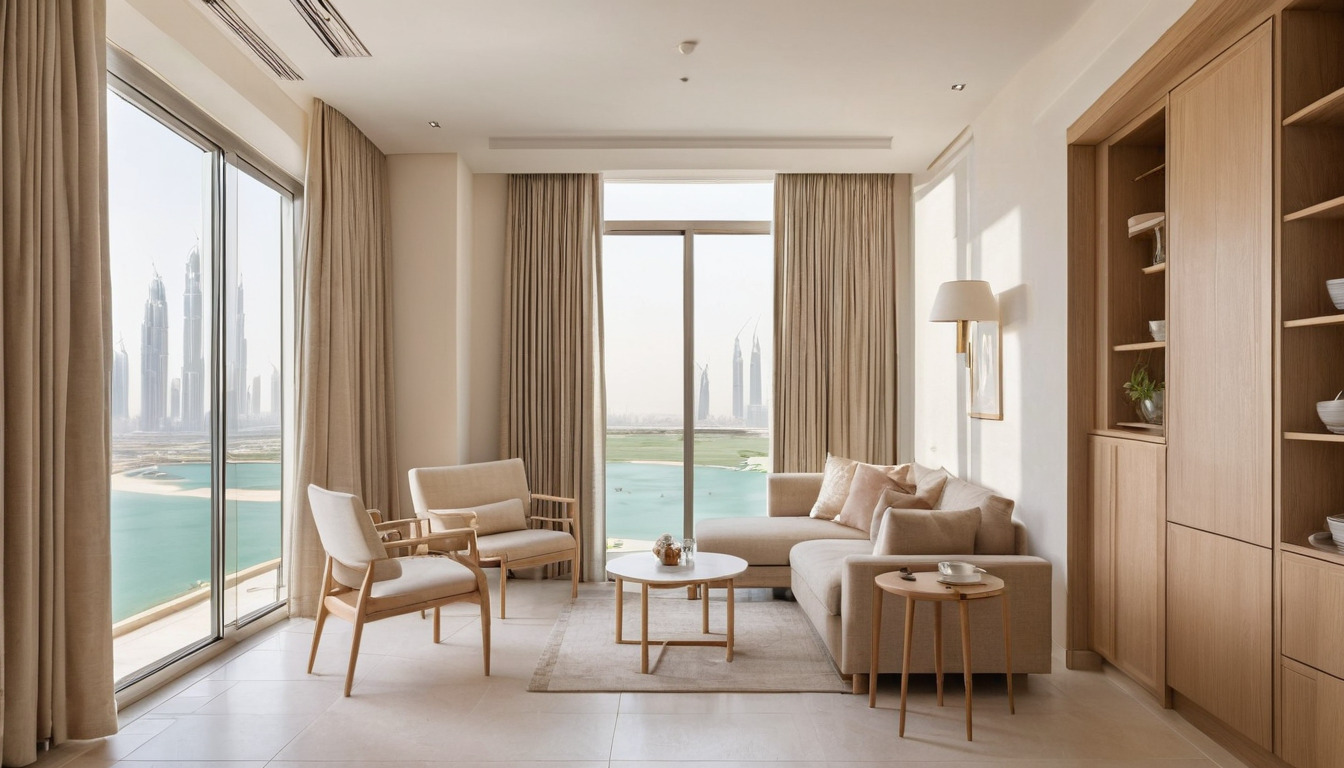 Compact apartment interior in a cluster tower with a lake view and built-in storage