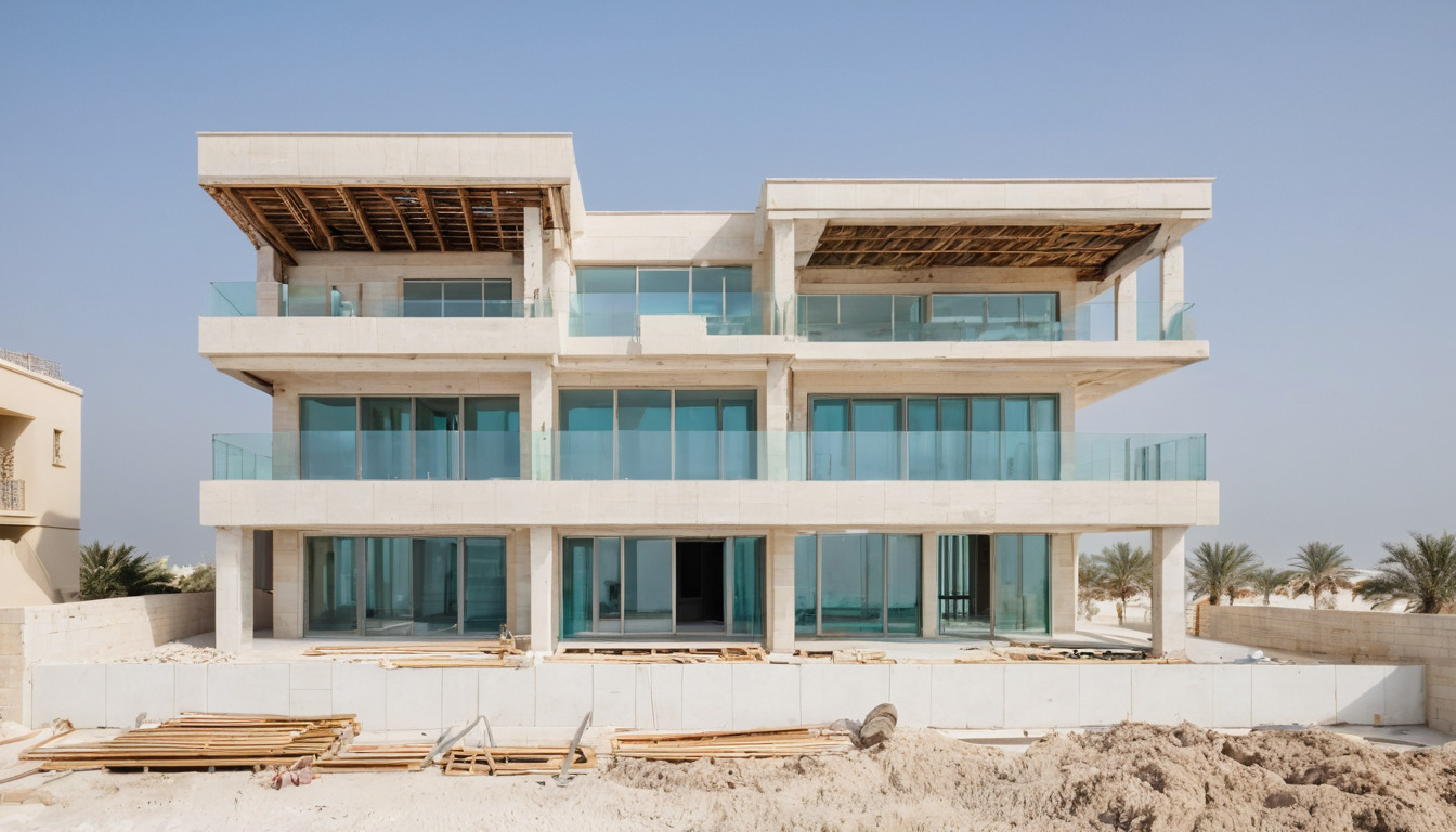 Beachfront villa under construction finishing stage on a reclaimed island in Dubai