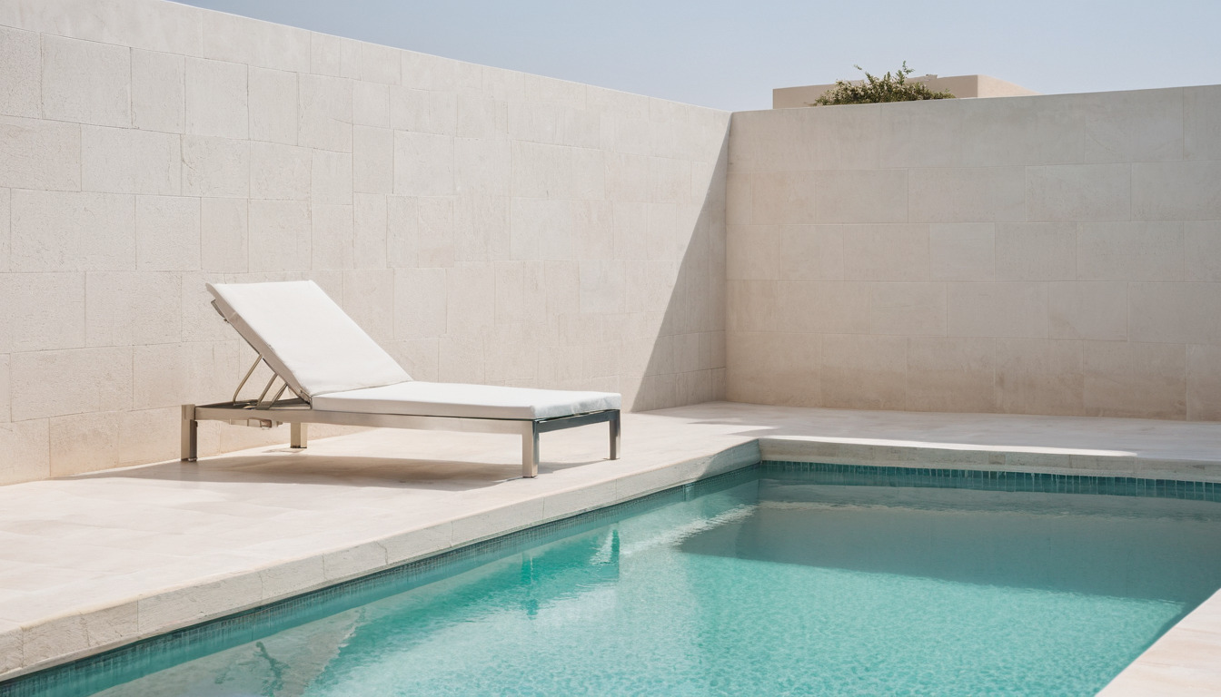 Villa pool deck with stone coping and marine-grade metalwork