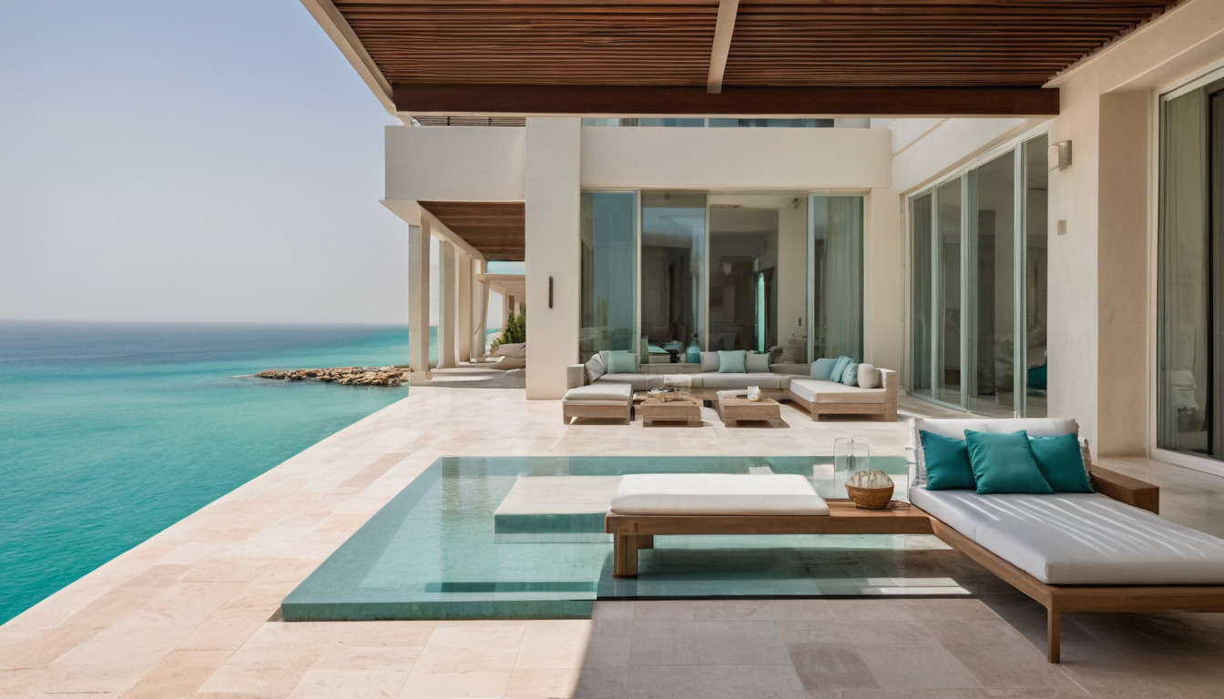 Beachfront villa terrace with shaded seating facing the sea