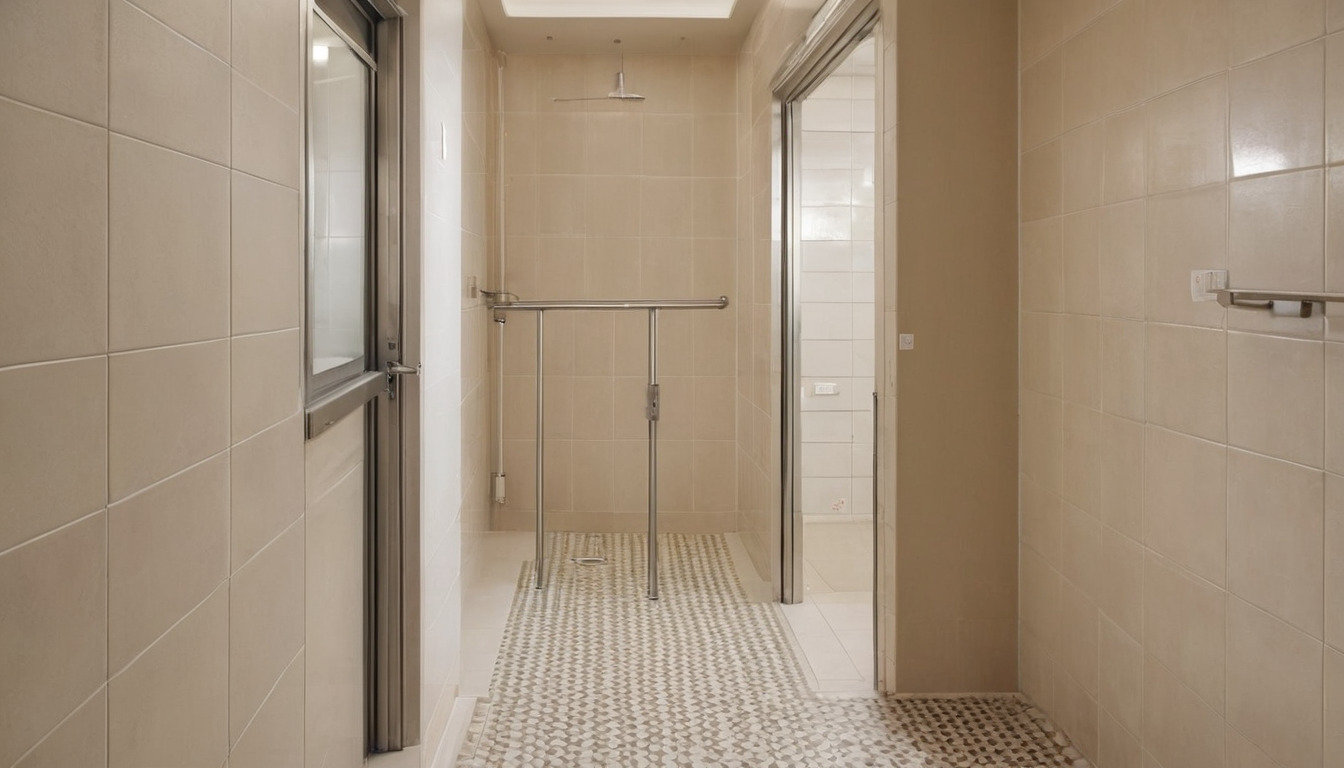Shared stair and lift core of a low-rise Dubai apartment block with tiled finishes