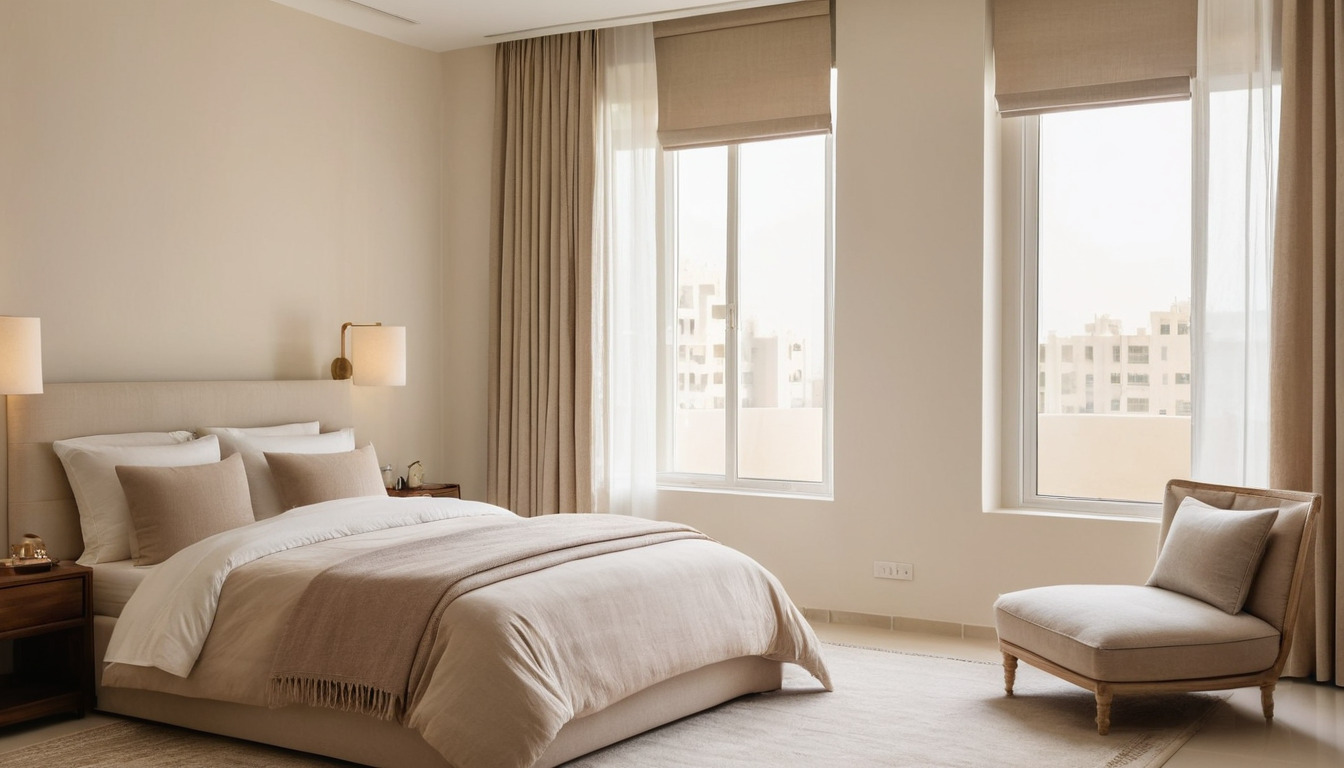 Simple apartment bedroom with blackout curtain and neutral walls