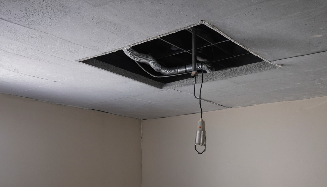 Opened ceiling void with bundled conduit and insulated pipework