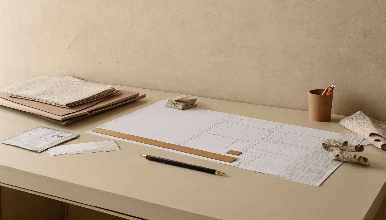 Design studio desk with blank layout drawings, material samples and a scale ruler