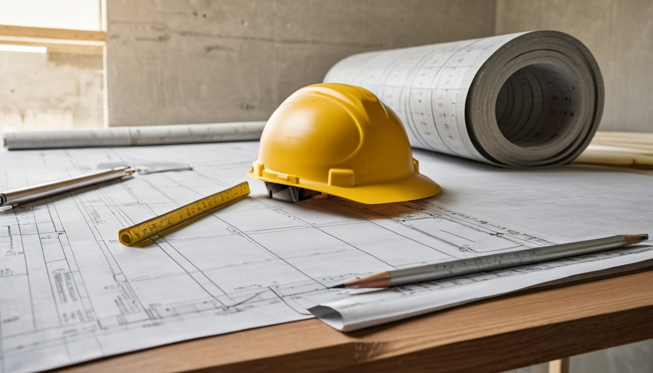 Rolled construction drawings and a scale ruler on a site table