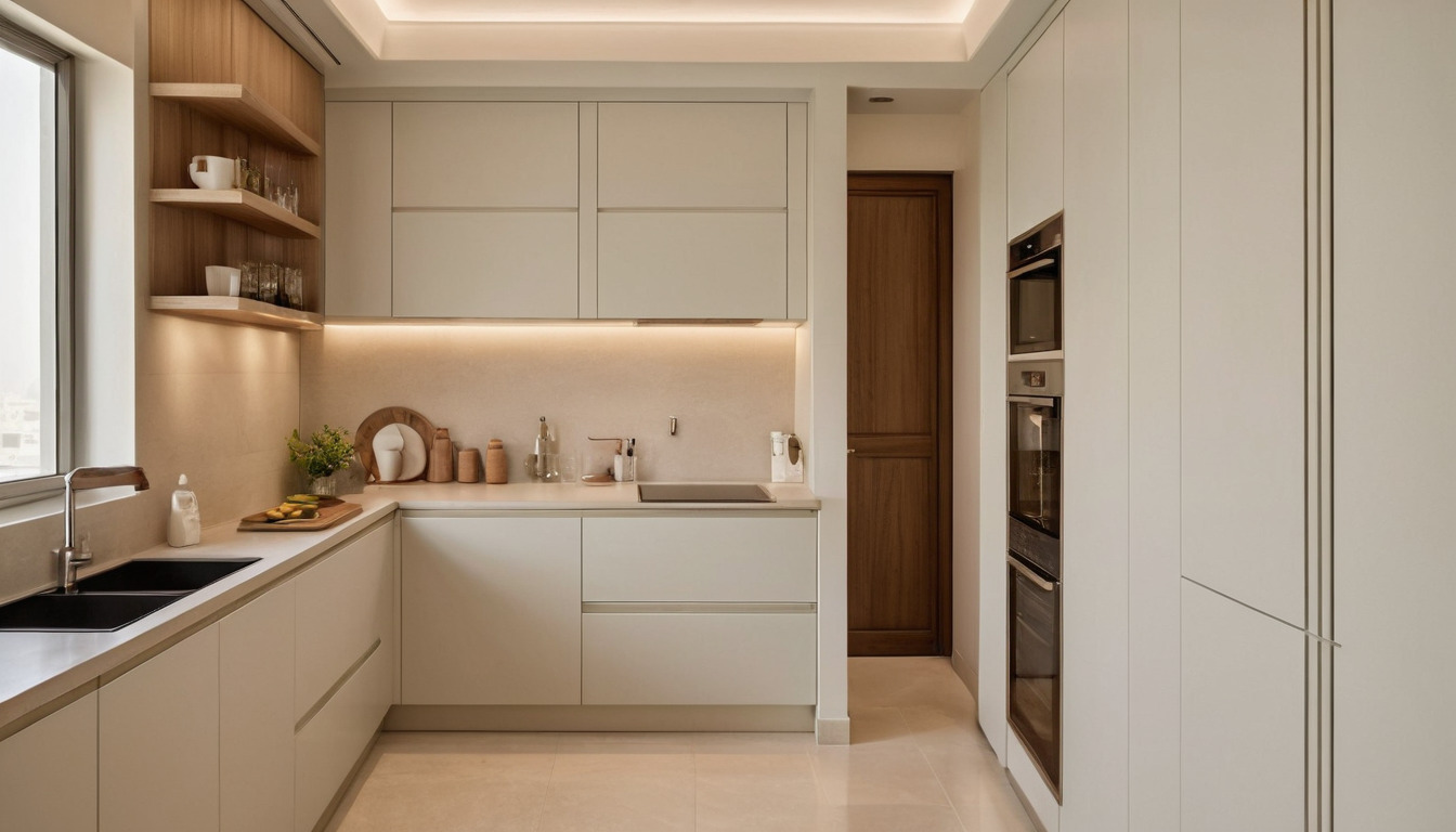Narrow apartment galley kitchen with efficient storage joinery