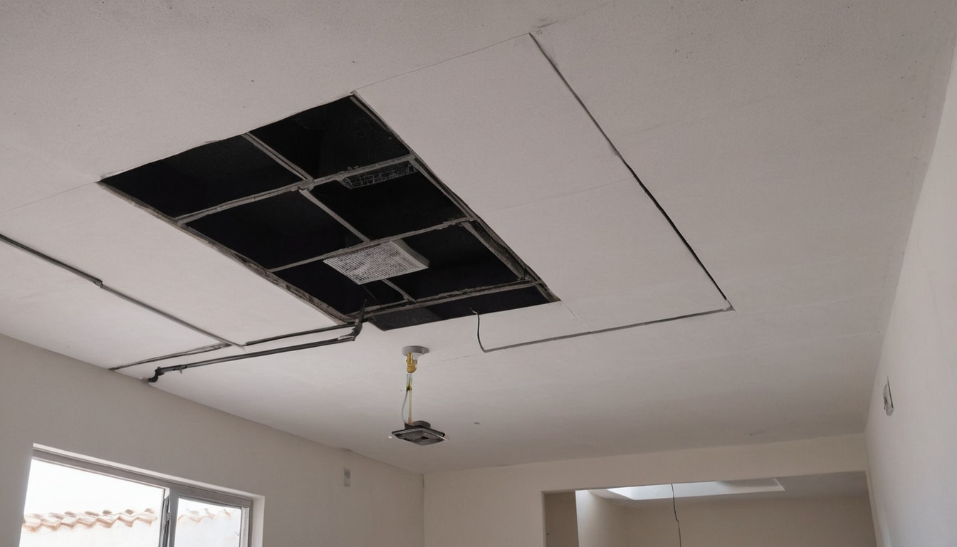 Opened ceiling void showing bundled services and insulation above a finished room