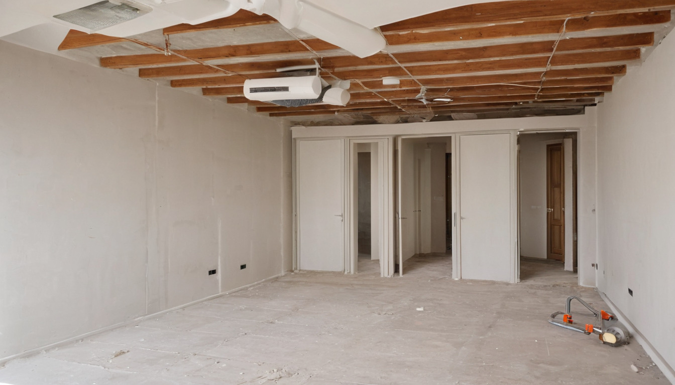Unfinished interior mid fit-out with exposed services, screed floor and a stack of finishes