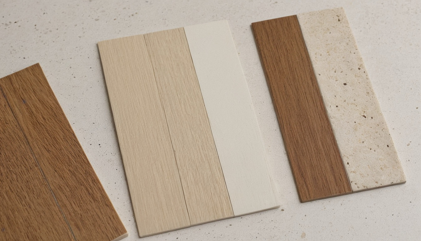 Finish sample board with stone, veneer and metal chips laid in a grid