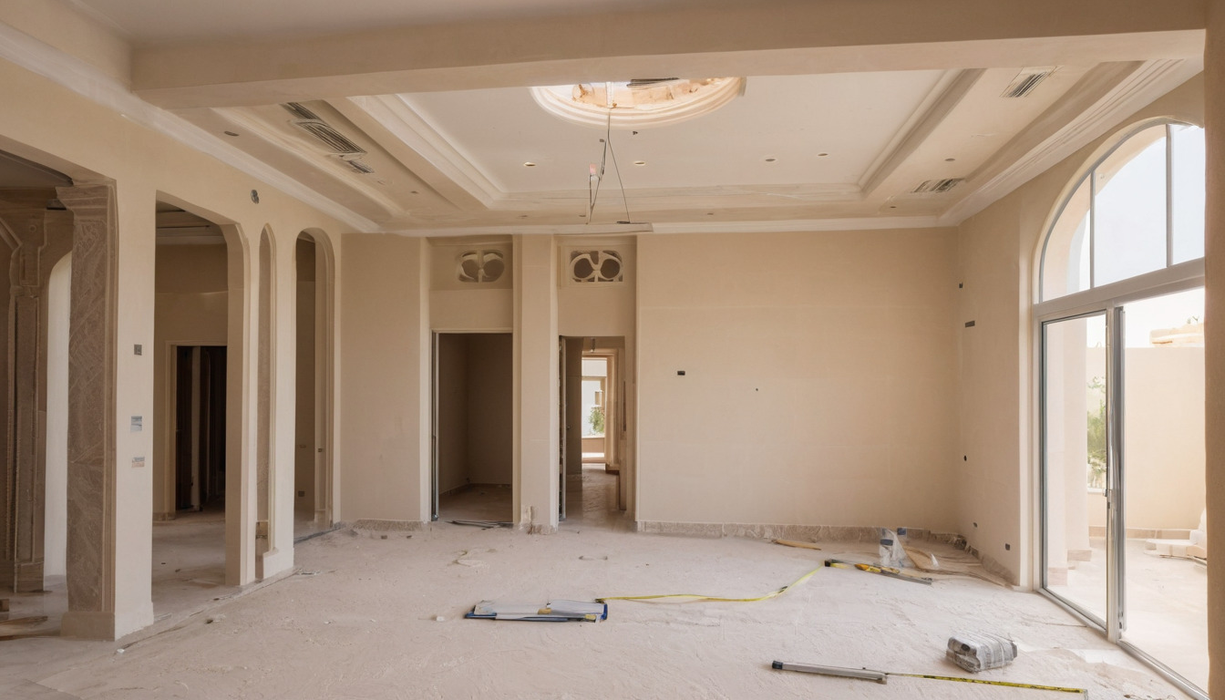 Internal scaffold tower in a villa living room mid fit-out