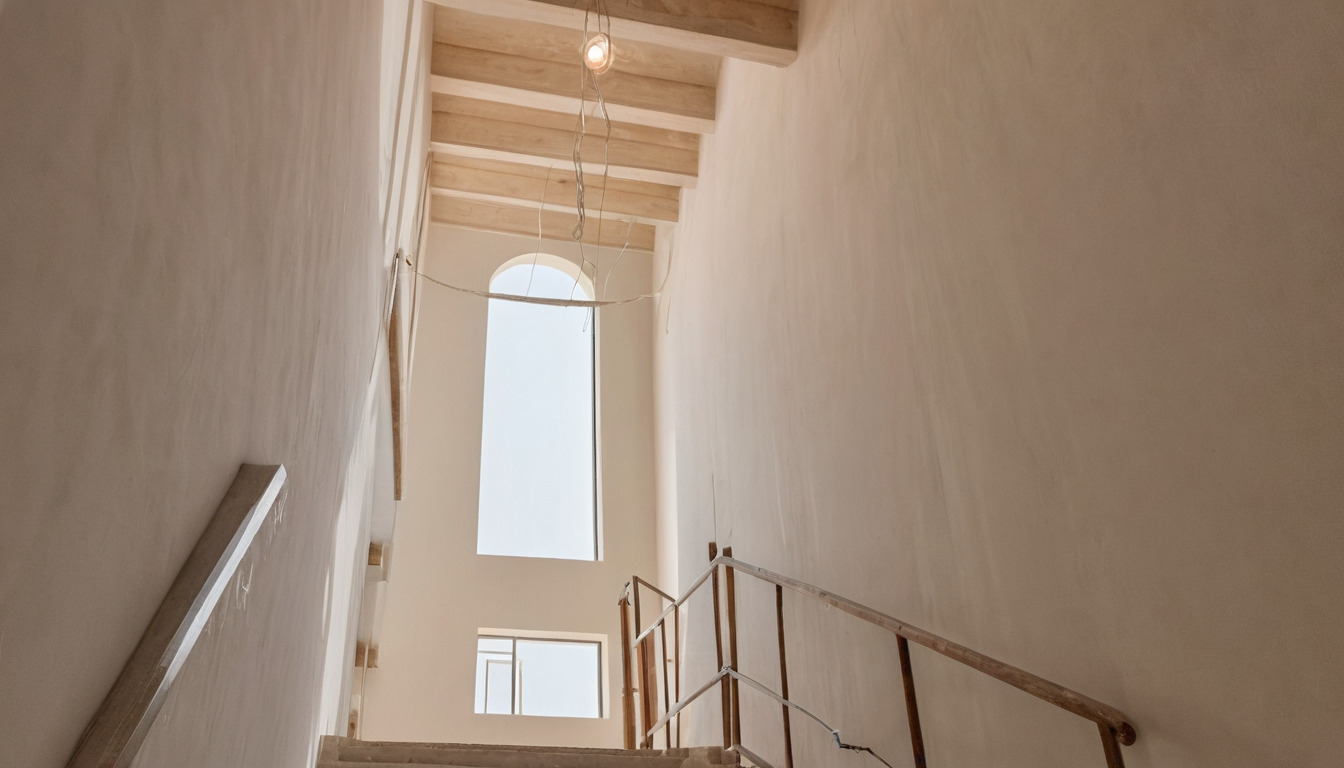 Double-height stair void with provisional lighting during works