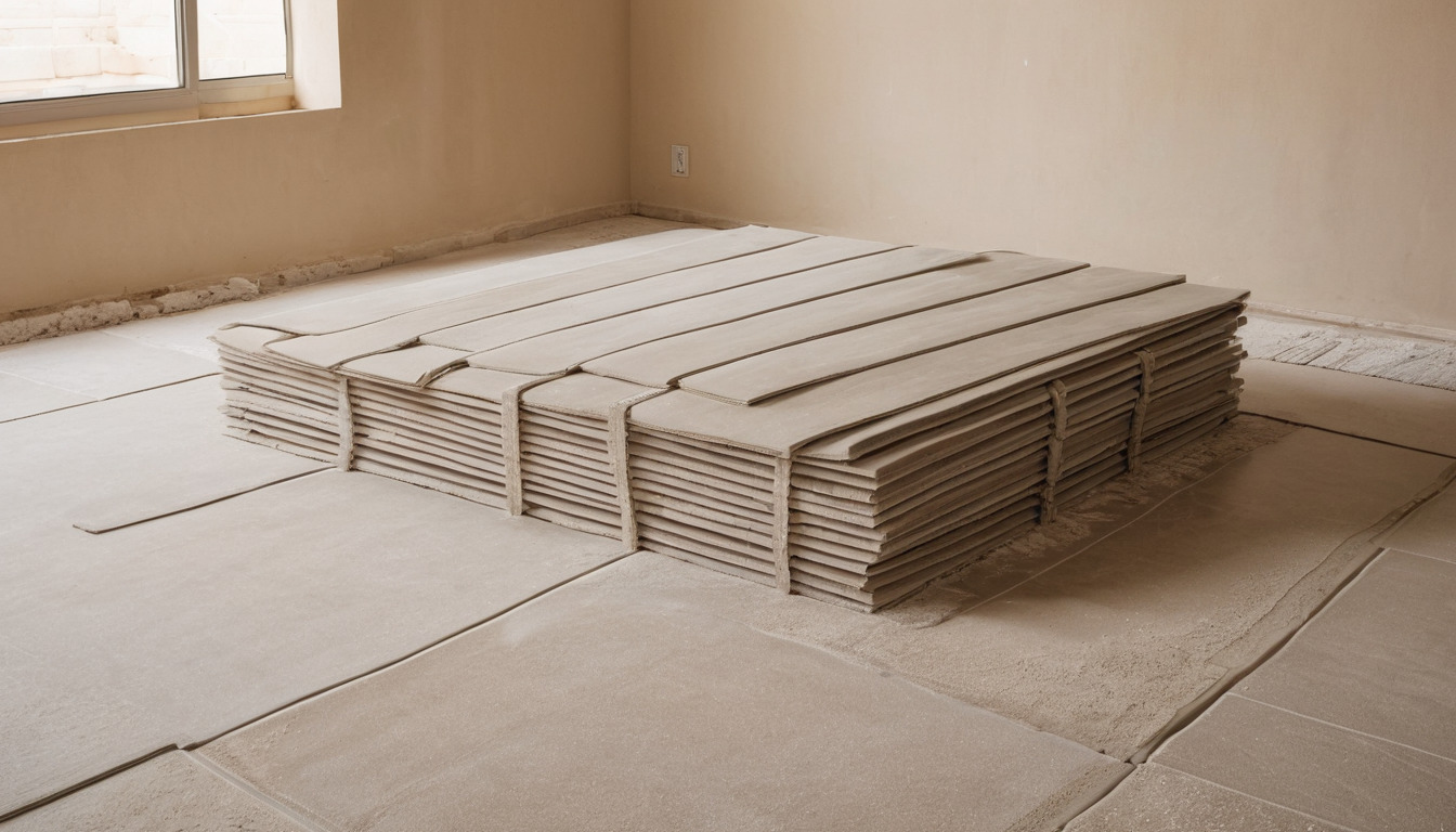Stacked bundles of large-format porcelain tile on a site floor