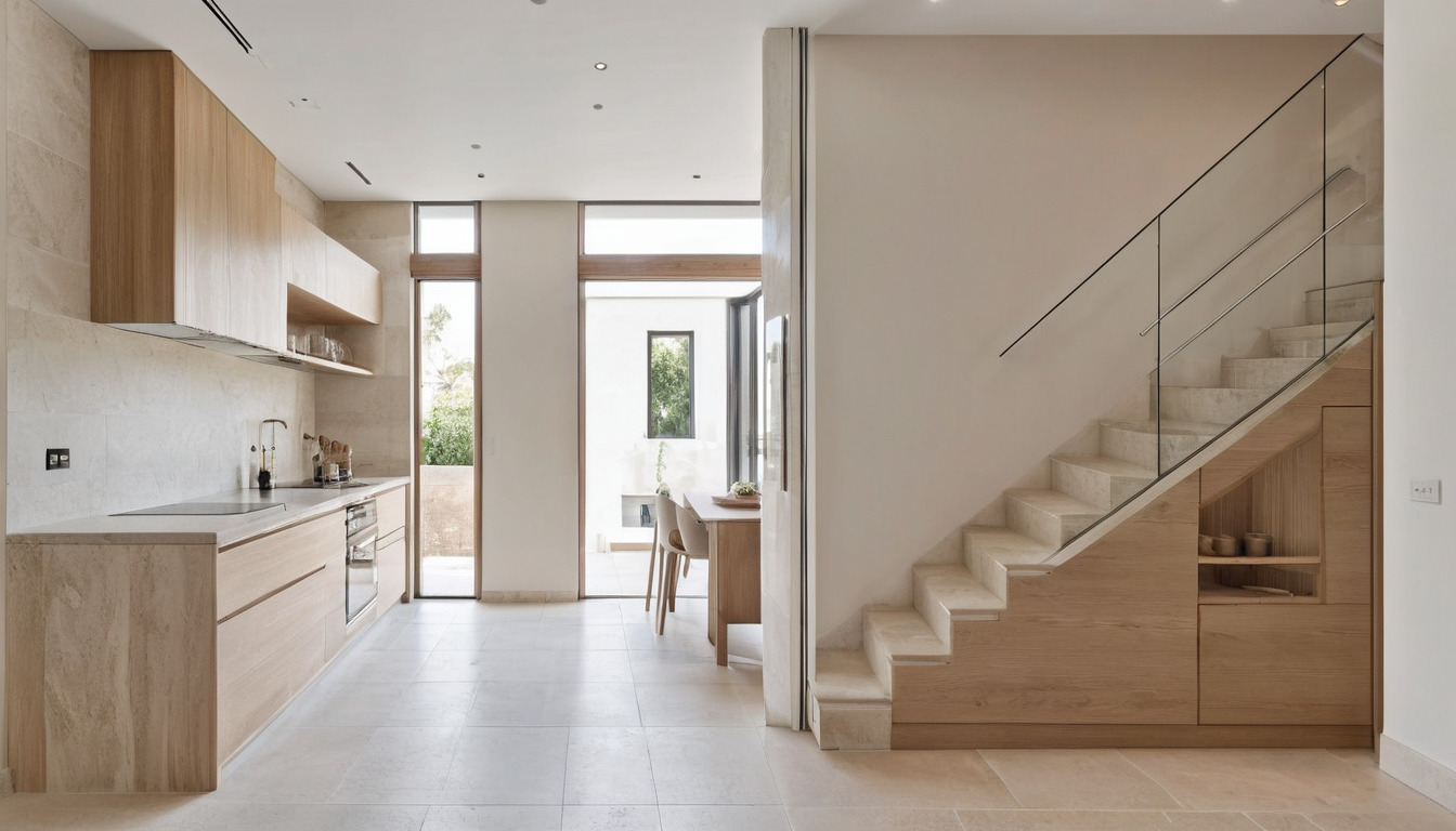 Double-height villa staircase beside a compact apartment kitchen to show the scale difference