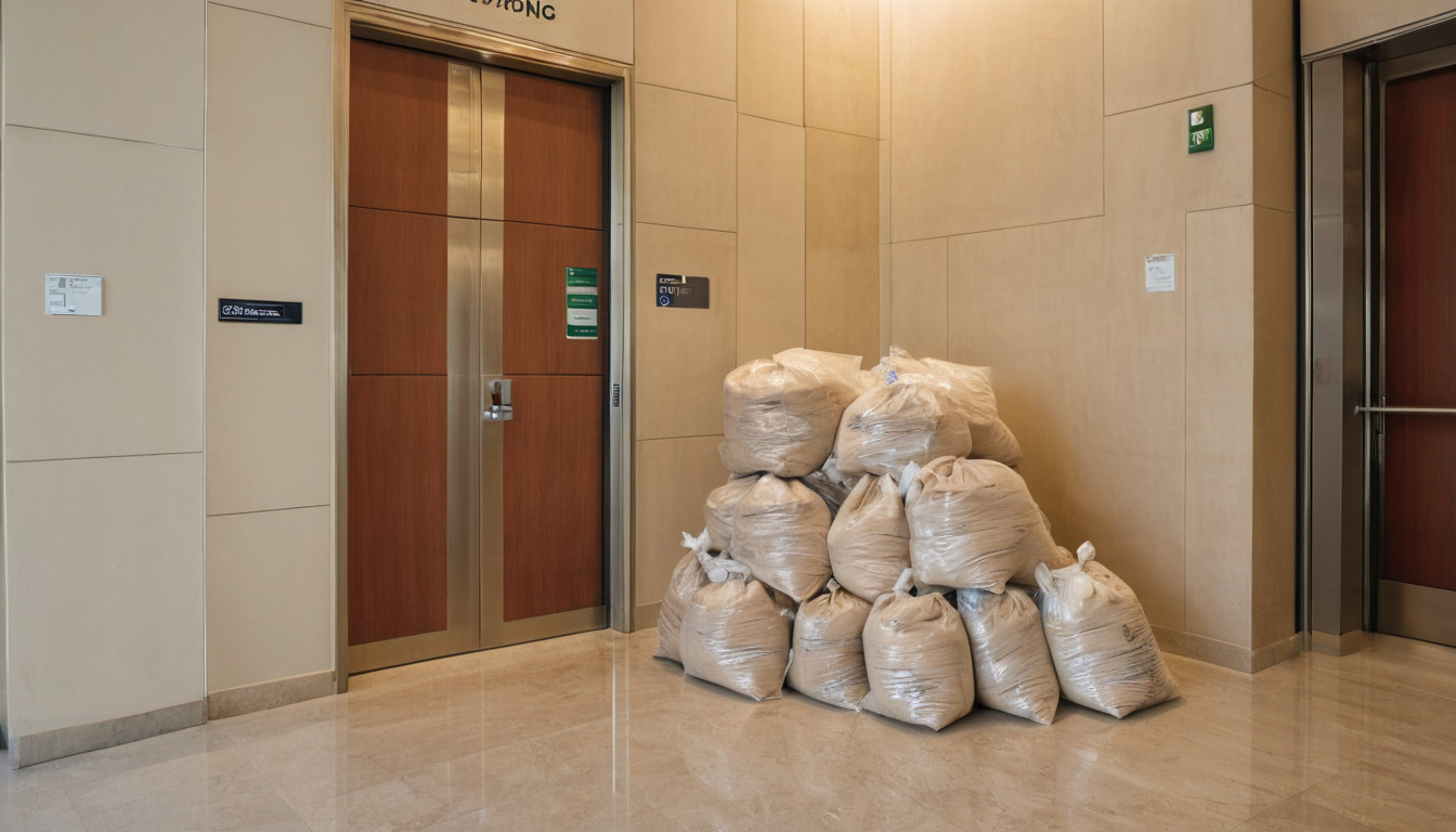 Bagged construction waste stacked for removal beside a service lift