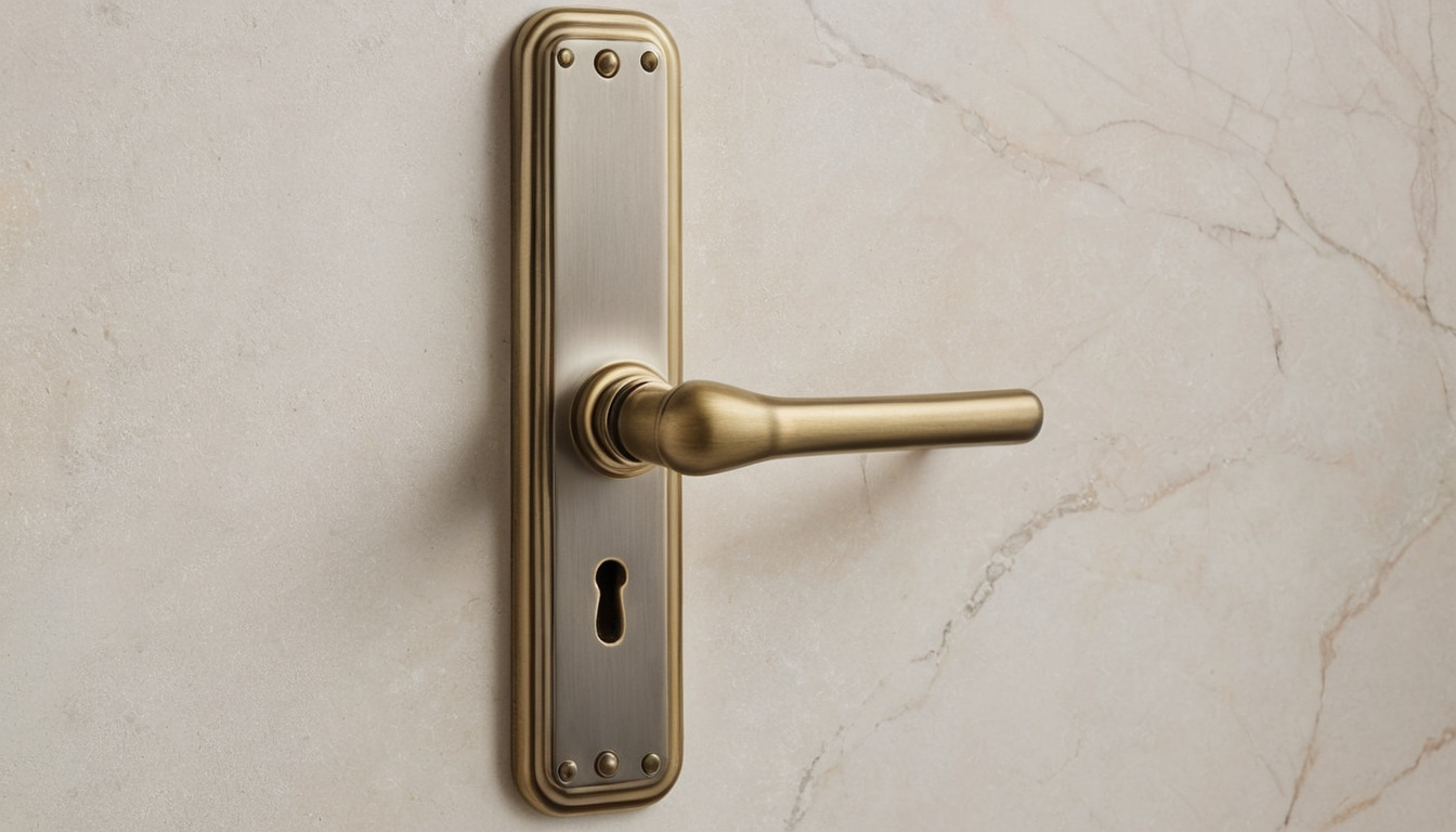 Solid brass and stainless lever handles laid on pale stone