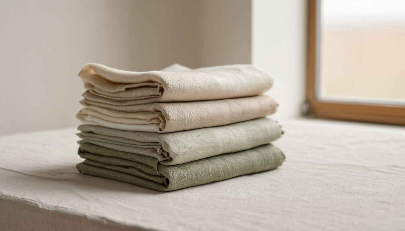 Folded linen and solution-dyed acrylic swatches in sand and sage