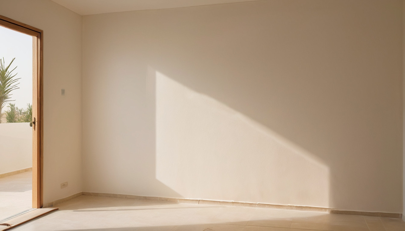 Warm white plastered wall with a shadow gap at the ceiling