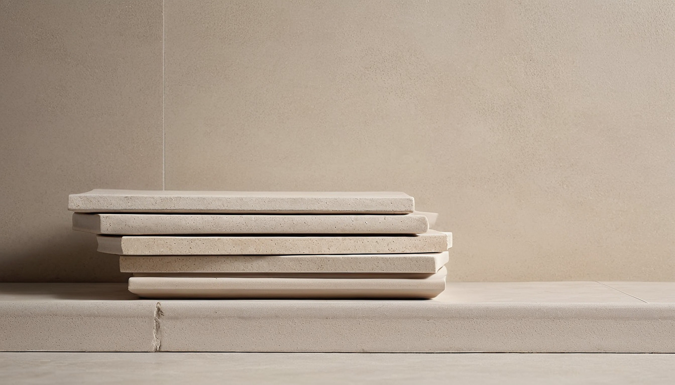 Large-format porcelain tiles stacked showing rectified edges