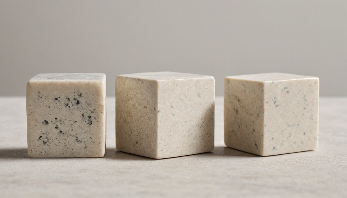 Stone sample cubes in limestone, marble and granite on a plaster surface