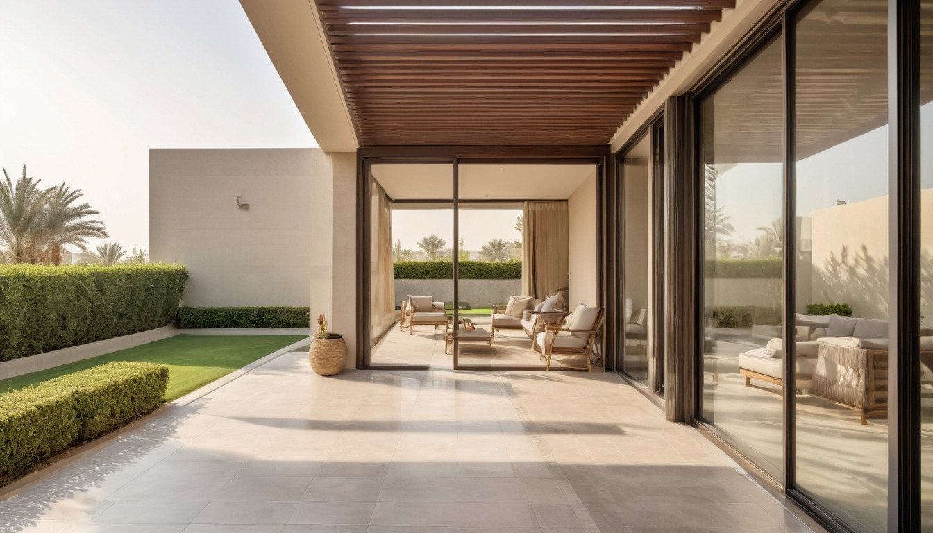 Deep shaded terrace and external louvres protecting full-height glazing from sun