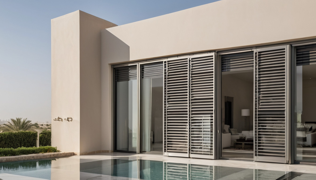 External aluminium louvres angled to cut high sun over a terrace