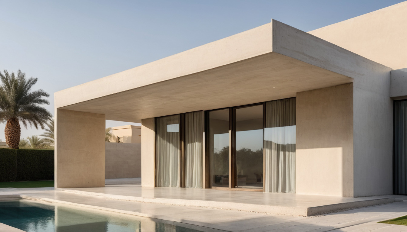 Deep concrete overhang casting a sharp shadow line over glazing