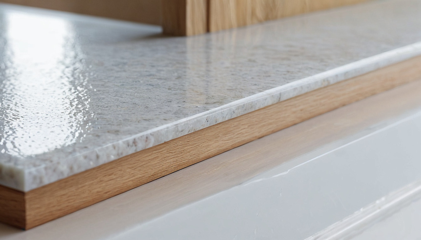 Close view of moisture beading on a chilled stone surface beside joinery in a humid interior