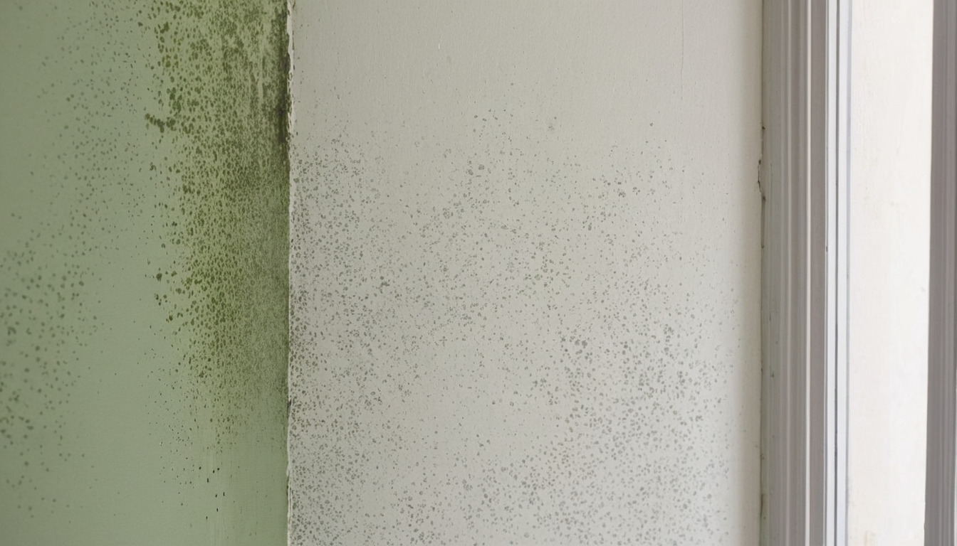 Patchy mould on the internal face of an external wall behind a wardrobe