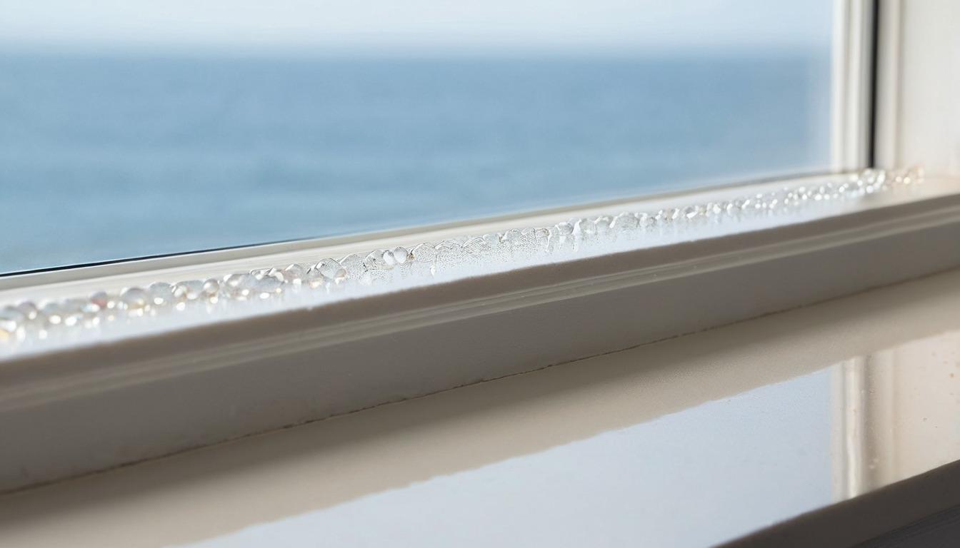 Water bead and tide mark on a chilled stone window sill