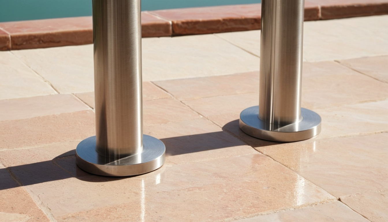 Corroded balustrade fixing beside a sound stainless one on a terrace