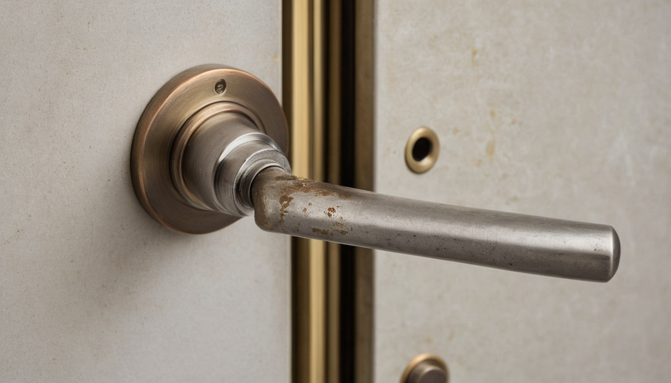Comparison of door hardware finishes: bright stainless steel beside a corroded plated handle