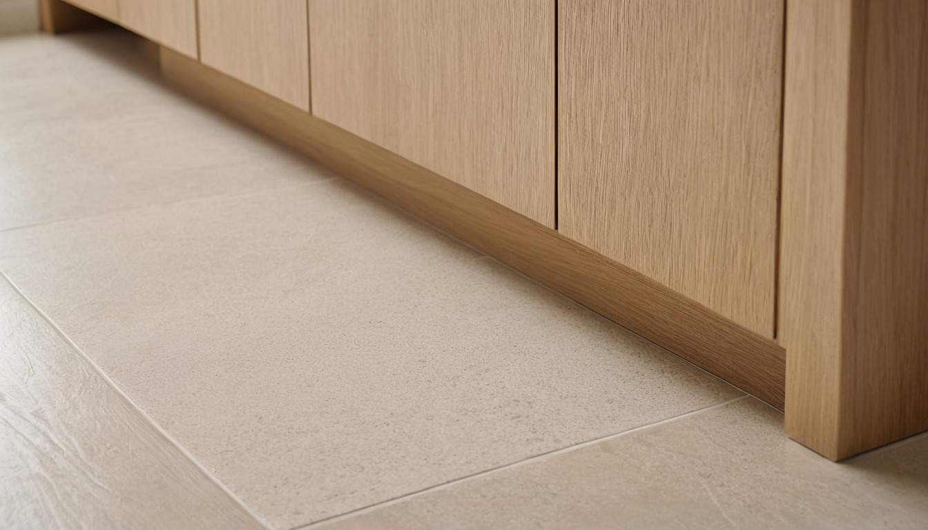 Limestone floor and oak joinery meeting at a threshold in a bright coastal interior