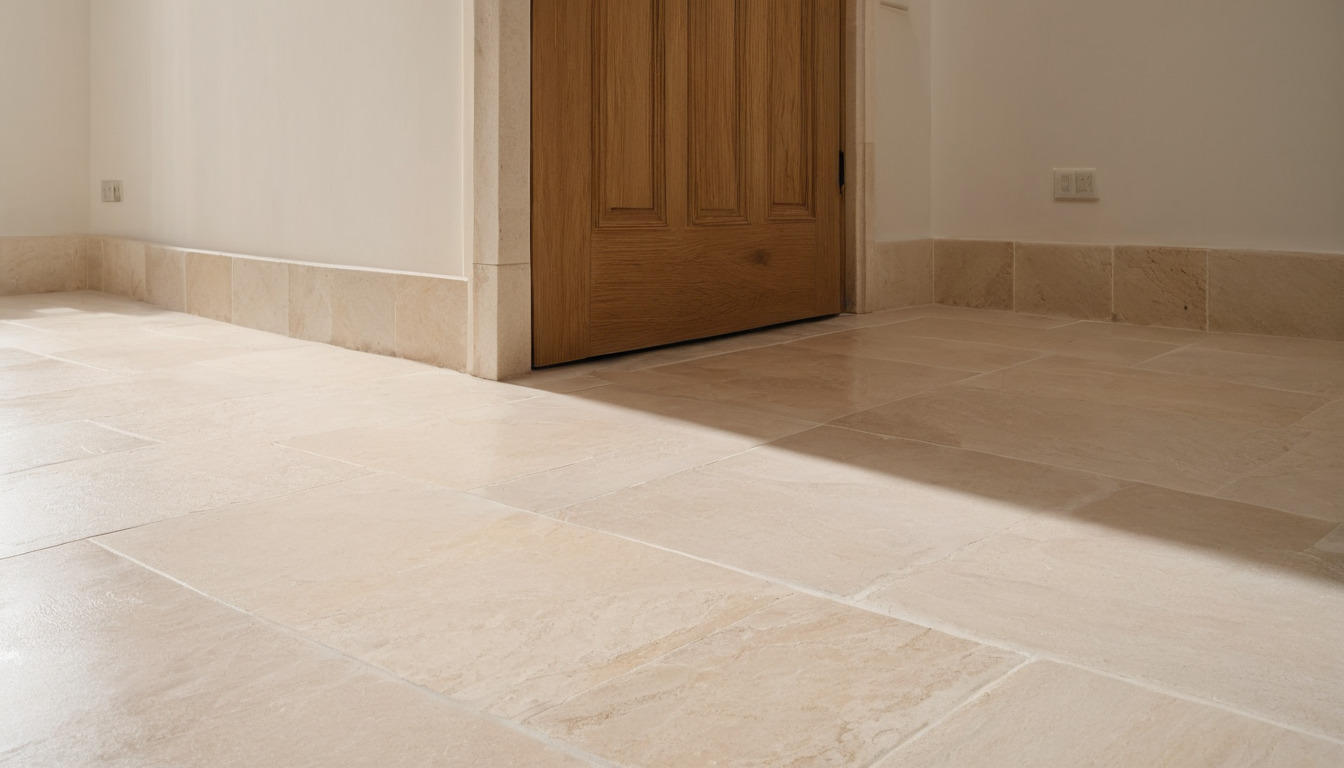 Honed limestone floor with open pore texture in raking light