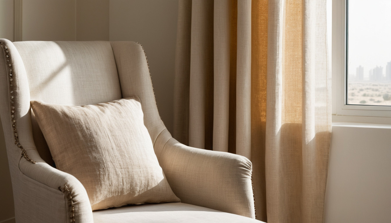 Sunlight falling across an upholstered chair and linen curtain showing UV exposure